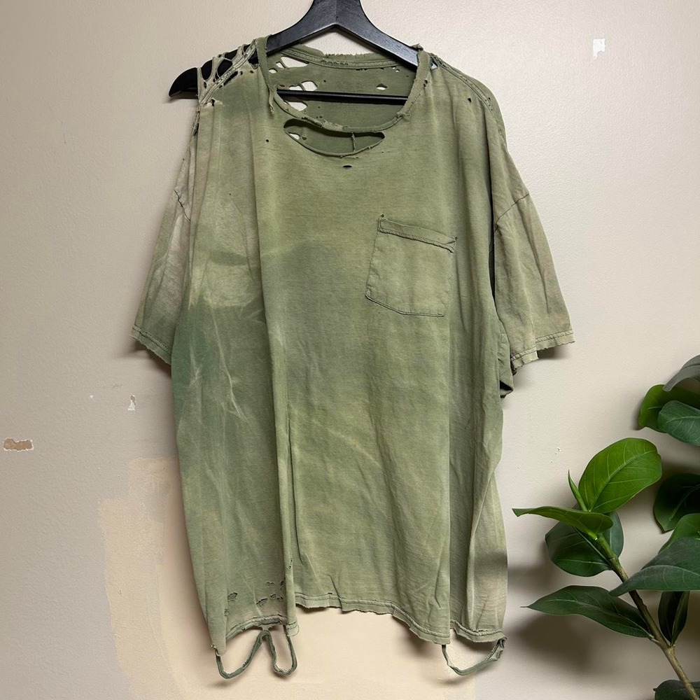 Vintage Fruit of the Loom Blank Pocket T Shirt Distressed Faded Green Mens XXL